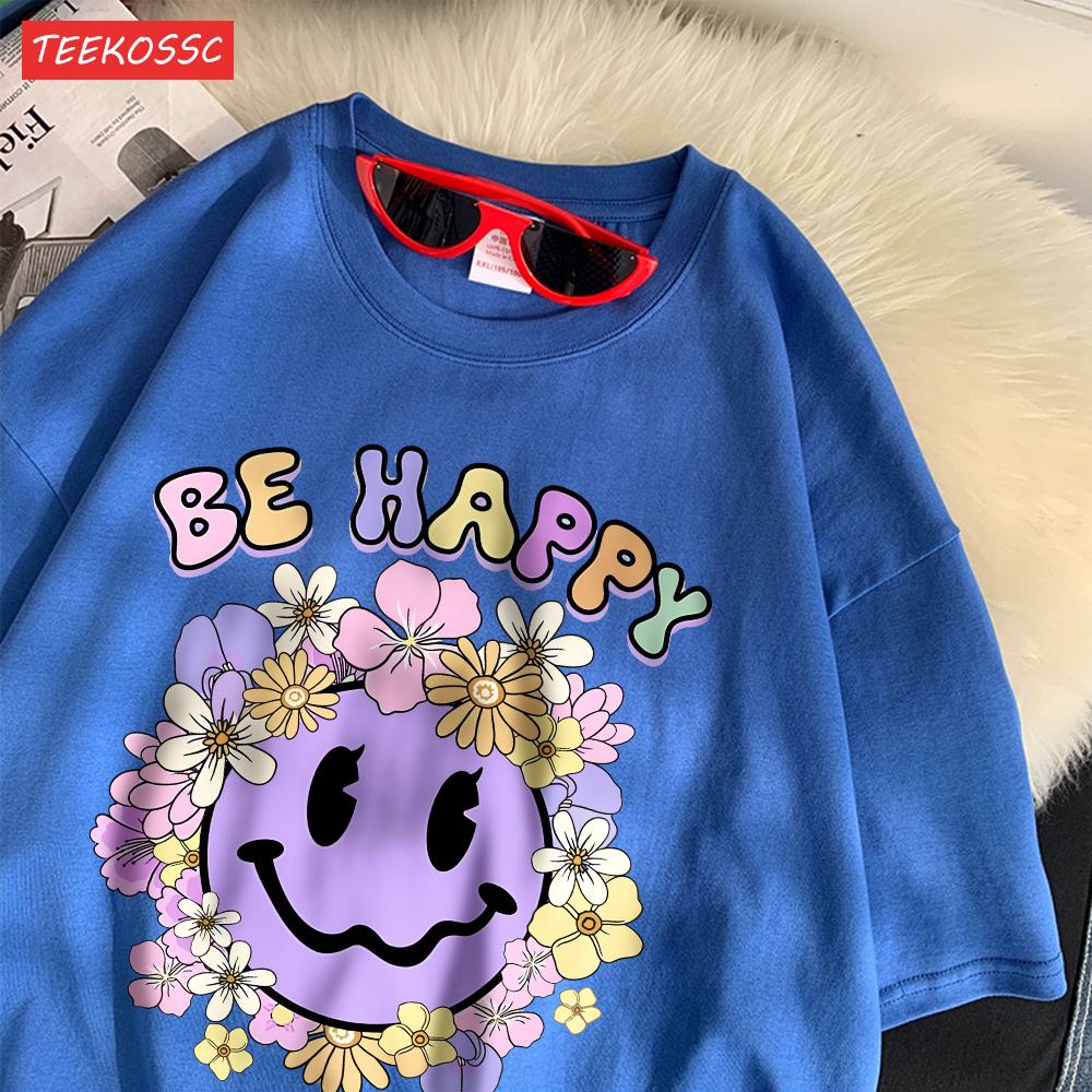 Street Cotton Womans T-Shirts Be Happy Face Cartoons Printing Short Sleeve O-Neck Breathable Loose Tops Trend Female Clothes