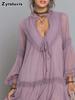 New Women's Purple Tie-Up Ruffled Chiffon Dress Fashion Vacation Style