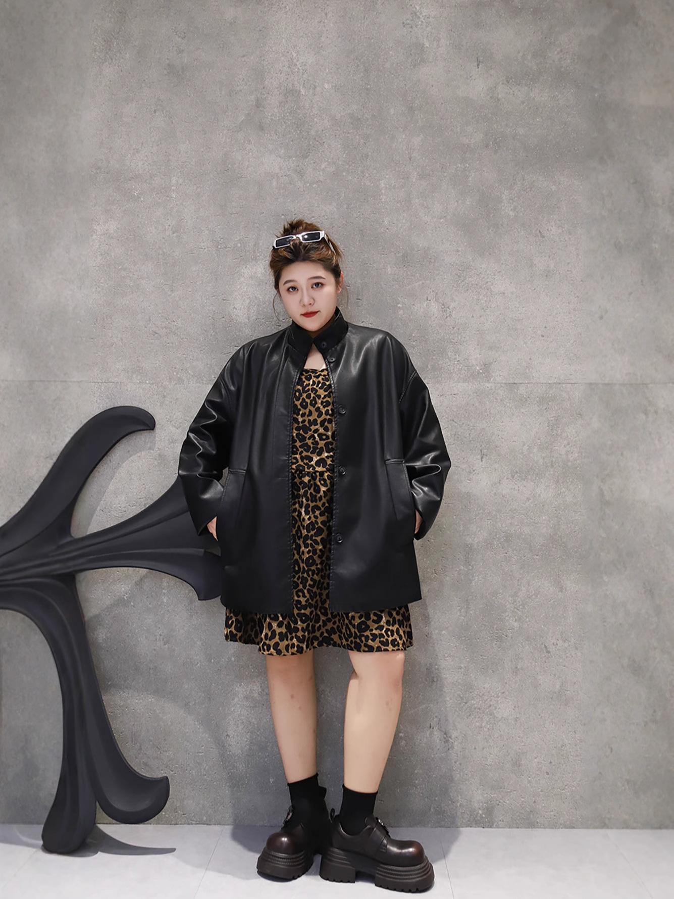 

New Autumn Plus Size Women s Black Leather Mid-Length Retro Stand-Up Collar Jacket 4XL (recommended weight 150-180 lbs) чёрный