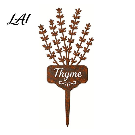 Gartendeko für Innenhöfe Rasenflächen Metallpflanzenstab Rostiges Rosmarinetikett Dekorative Kräuteretiketten Outdoor Thymian-Markierer Hofkräuter Hochbeet Pflanzgefäß