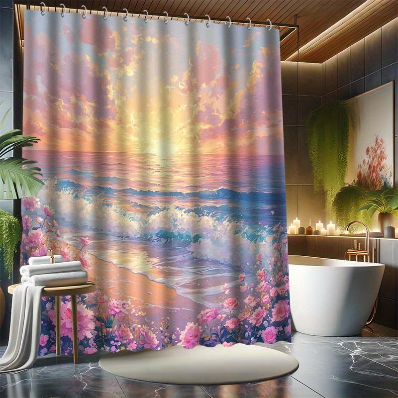 Fantasy Beauty Shower Curtain Set - Beach Waves & Flowers, White Clouds & Sunrise, Polyester Fabric,  Modern Bathroom Decor