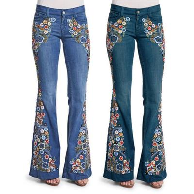 Jeans feminino bordado floral perna larga fecho de zíper com bolsos cintura média