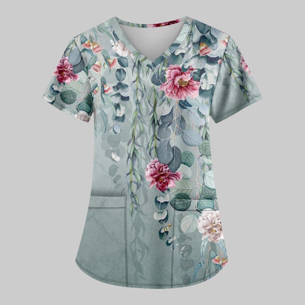 Modische bedruckte Damen-Arbeitsuniform mit Taschen-T-Shirt, kurzärmeliges Oberteil