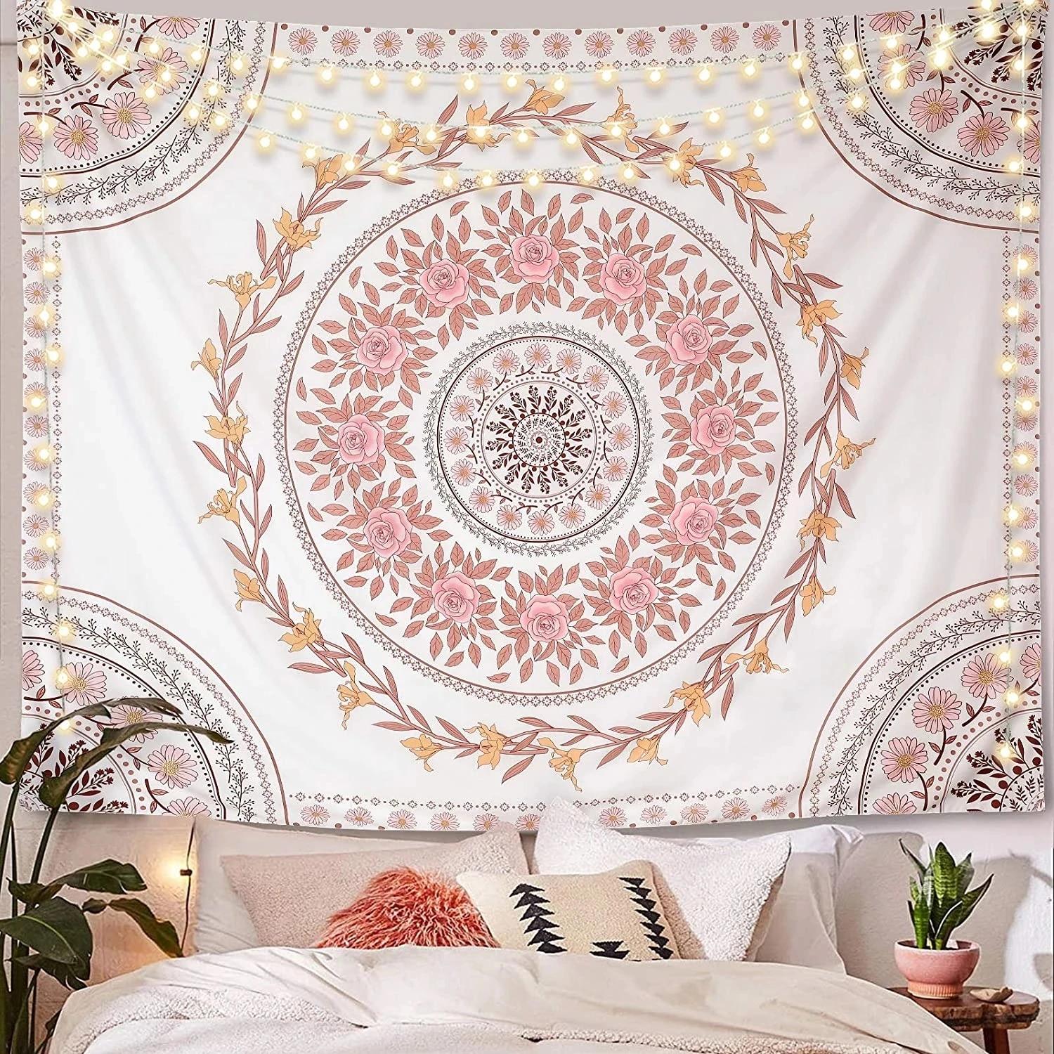 Mandala tapestry aesthetics, bohemian tapestry wall hanging, pink flower medal tapestry, bohemian wall art Hippie 100X70CM