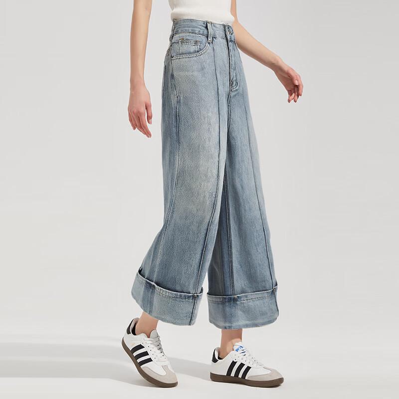 Women s Cotton Wide-Leg Cropped Denim Pants with Rolled Hem S