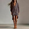 Dames Casual Retro Losse V-hals Jurk met Lange Mouwen en Suede-achtige Stof