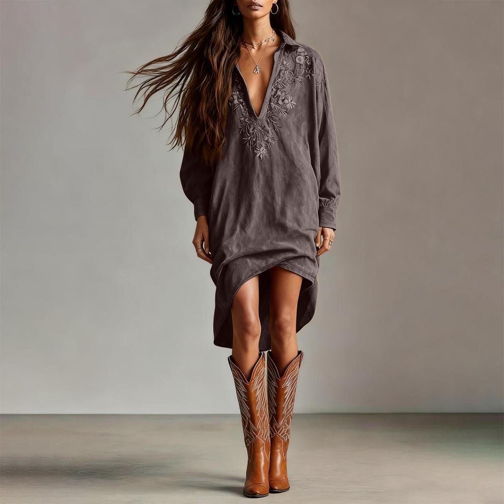 Dames Casual Retro Losse V-hals Jurk met Lange Mouwen en Suede-achtige Stof