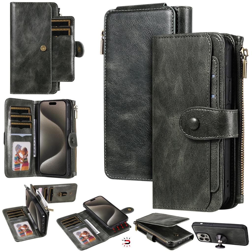 Luxury Detachable Retro Leather Case for iPhone 16 15 14 Pro Max 7 8 XR Xs Max 11 12 13 Mini 14 Plus Cover Zipper Wallet Purse