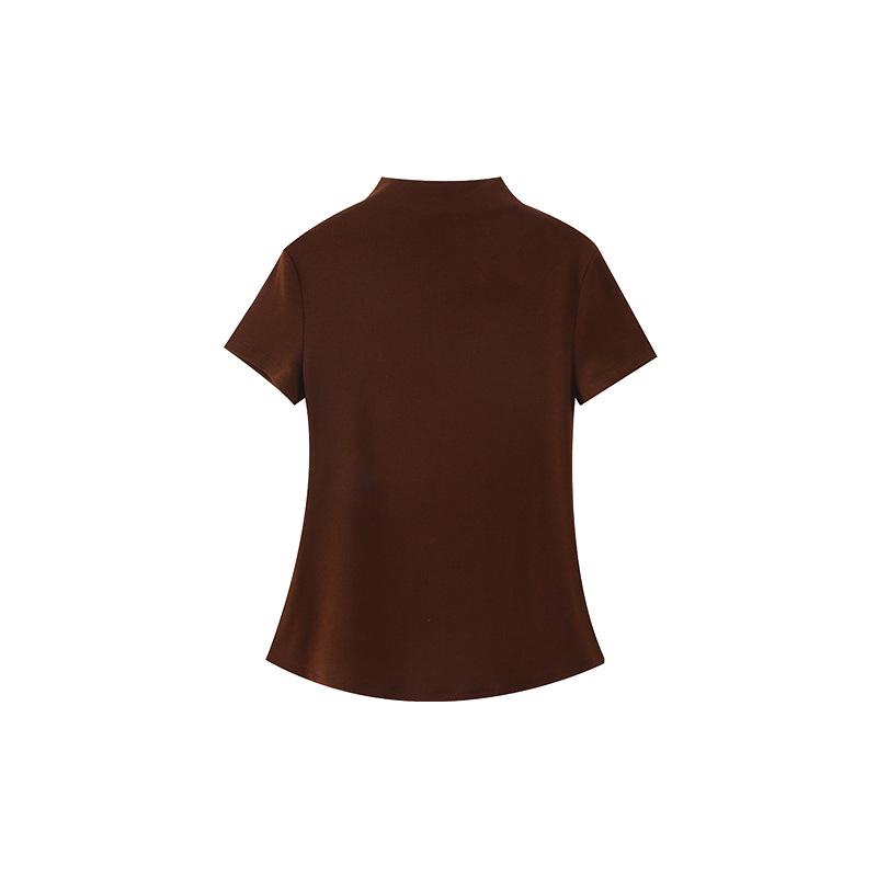 Damen High-Neck Kurzarm Schlankmachendes T-Shirt - Unifarbenes Überziehshirt