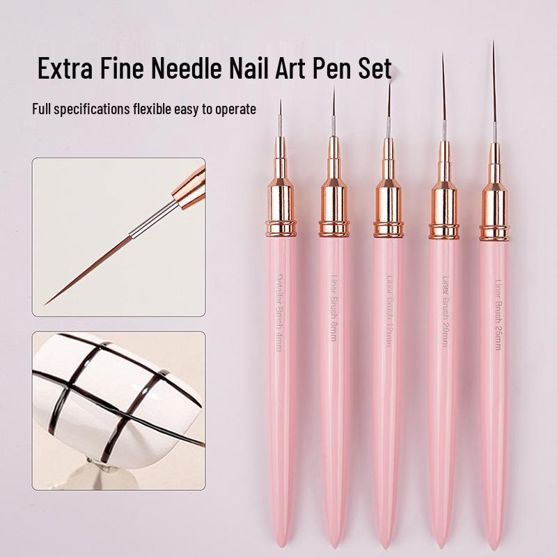 Pink Extra-Fine Liner Nail Art Brush Set with Flower Hook and Needle