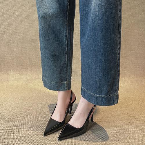 Fashion French Classic Grey Women Pointed Toe High Heel Sandals Open Back Slim Strap Party Commuter Versatile Shoes