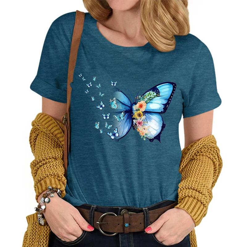 Flower Butterfly Lover Casual Tops Vintage Flower Design Tshirt Female Butterfly Print Premium Casual Short Sleeve TShirt Women