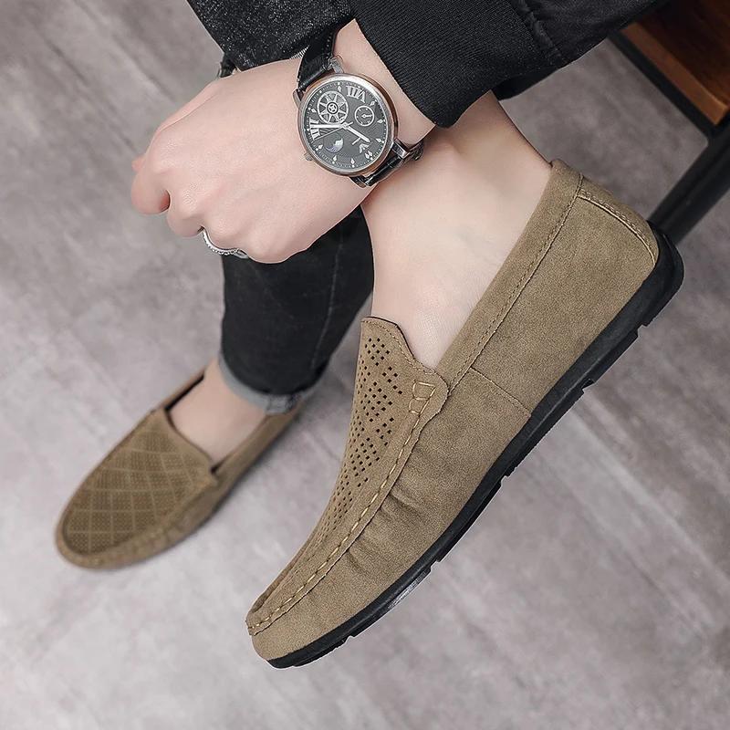 Summer Suede Men Casual Shoes Outdoor Breathable Lightweight Leather Mens Walking Shoes Anti Slip Lightweight Driving Shoes