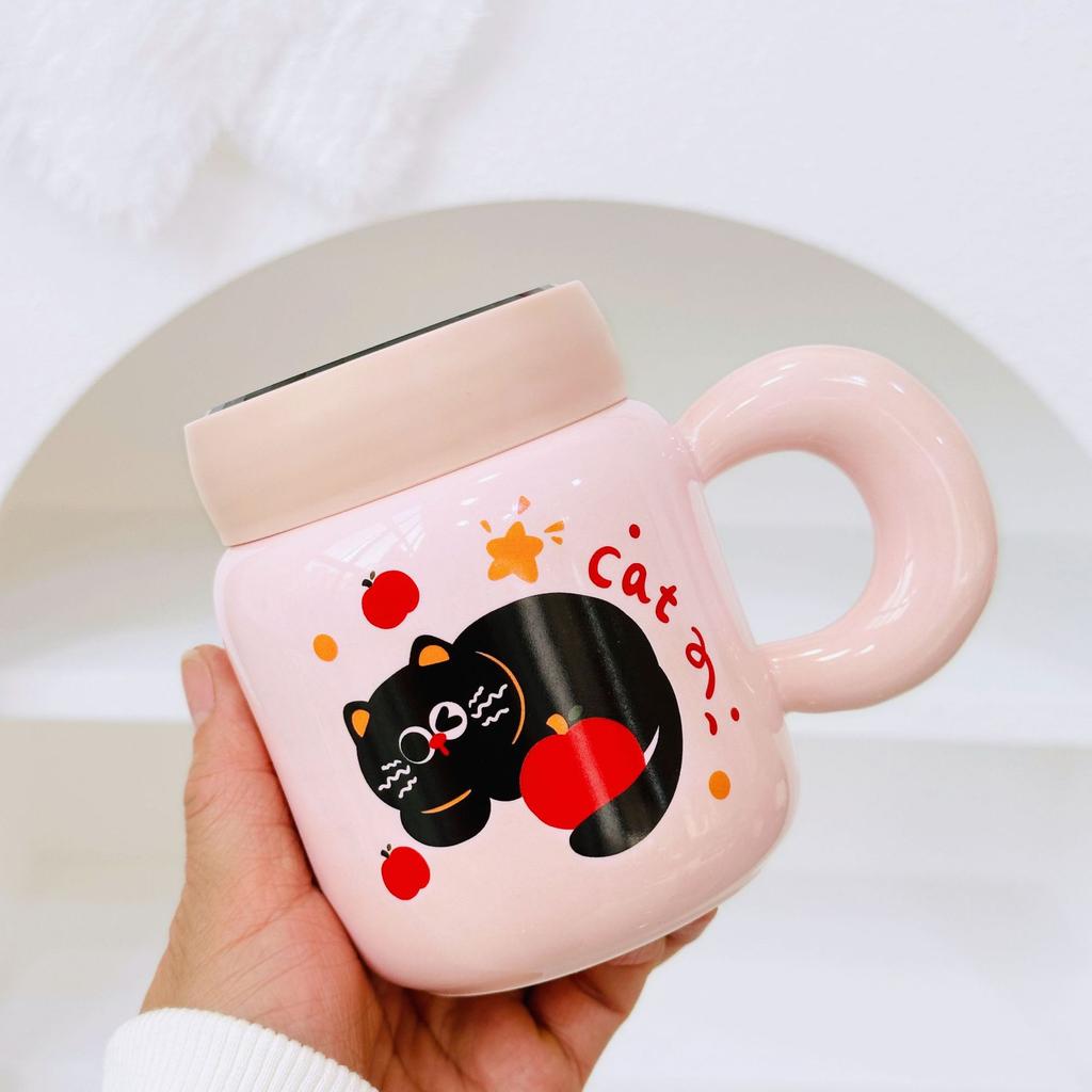 New Birthday Naughty Cat Water Cup Cartoon Ceramic Mug with Lid Spoon Cartoon Drinking Cup Gift Set Gift Box
