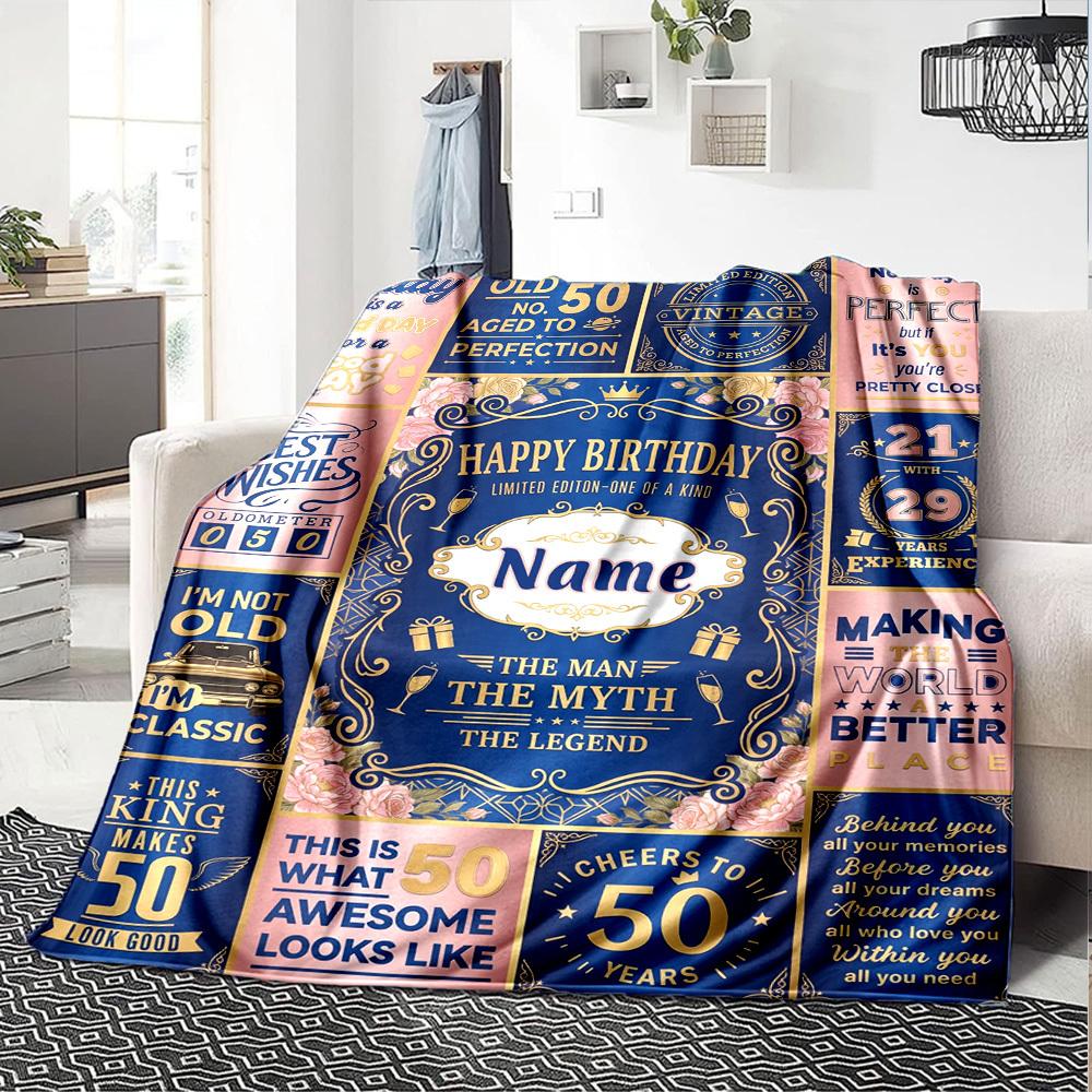 Golden Milestone Celebration Blanket Personalized Name Soft Warm And Versatile For Sofa Bed Office And Travel Machine Washable Comfortable In All