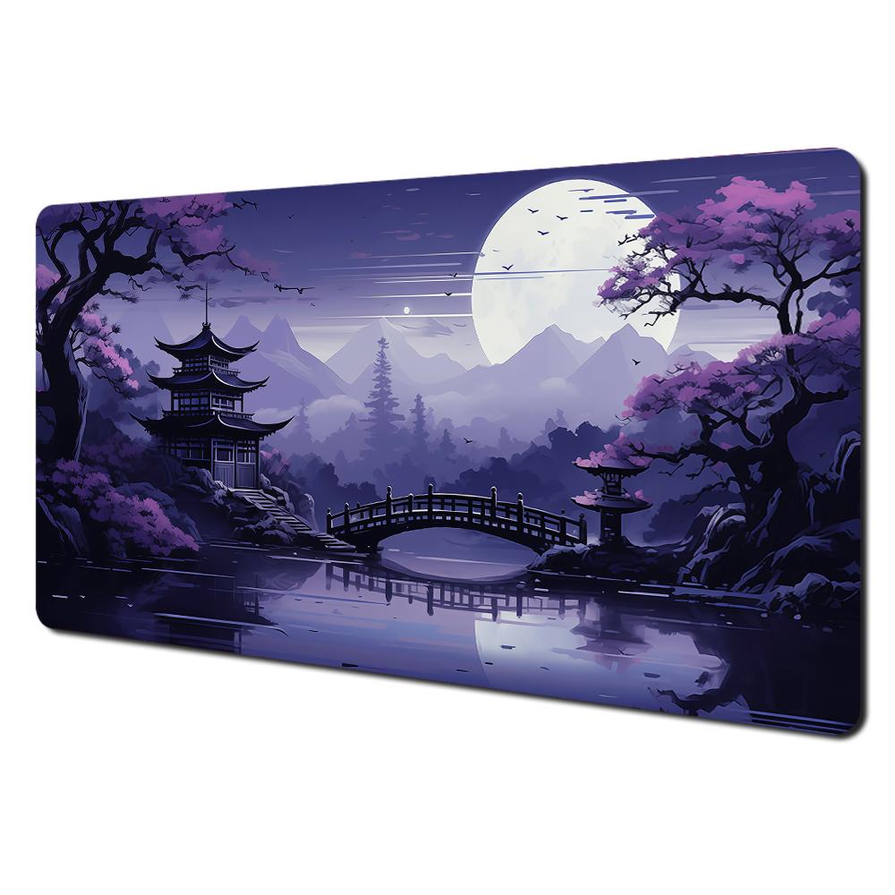 Romantische Kirschblüten und Pagoden-Design Großes Mauspads Schreibtischunterlage Genähte Kante Rutschfest Langlebiges Gaming-Pad Tapis De Souris