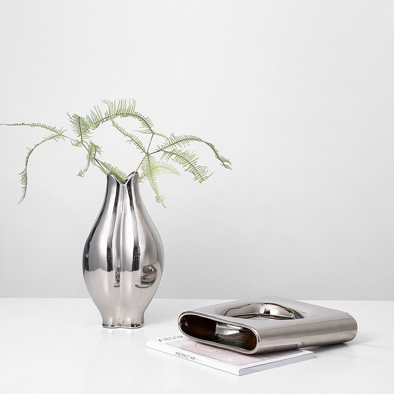 Ceramic Vase Silver Box Hollow Geometric Flower Vases Floral Arrangement Accessories Ceramic Handicraft Home Decoration
