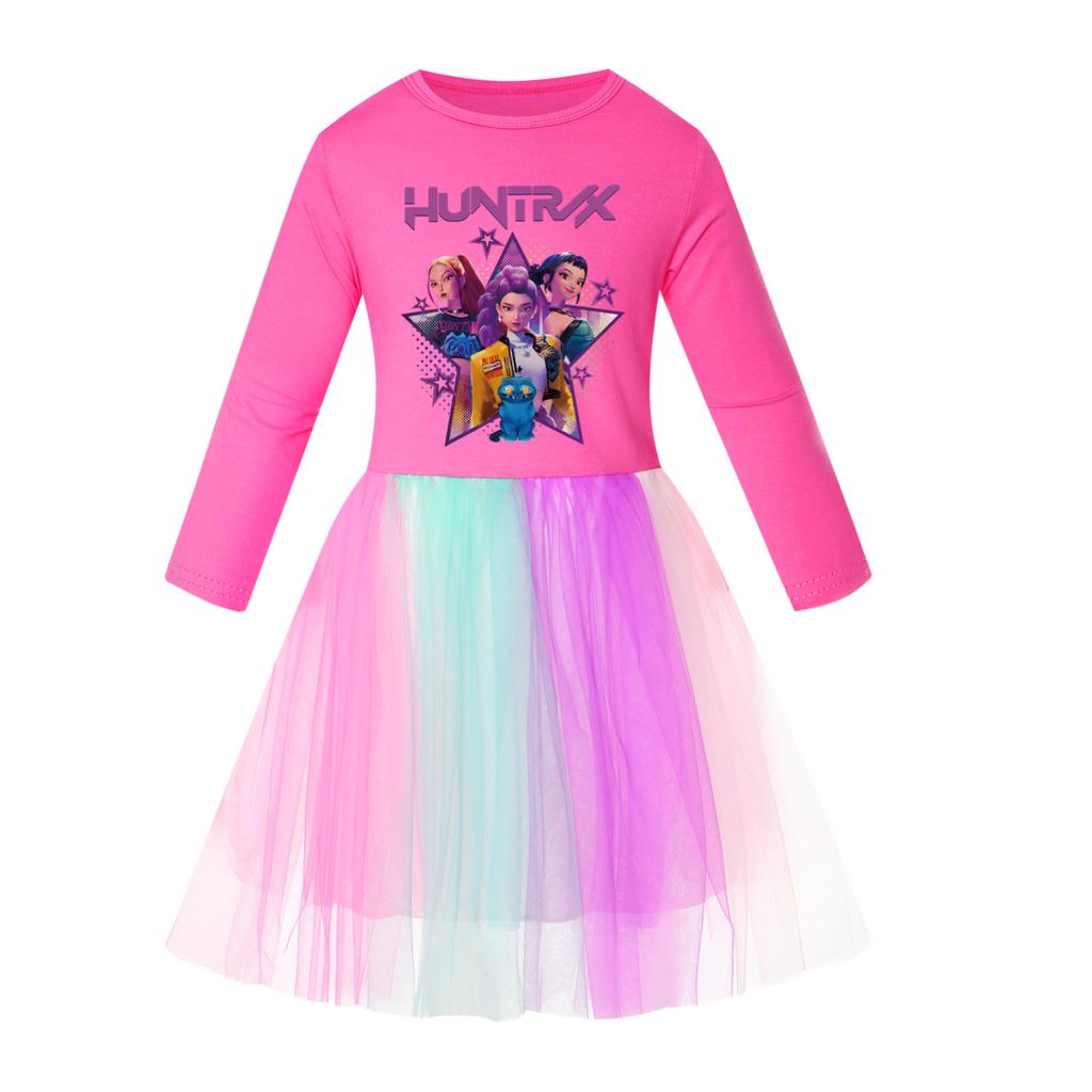 Girls' Star-Print Skirt Round-Neck Long-Sleeve Colorful Lace Patchwork Dress
