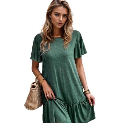 Women's Solid Color Short-sleeved Round Neck Retro Style Plus Size Ruffled Dress Clothes Sale