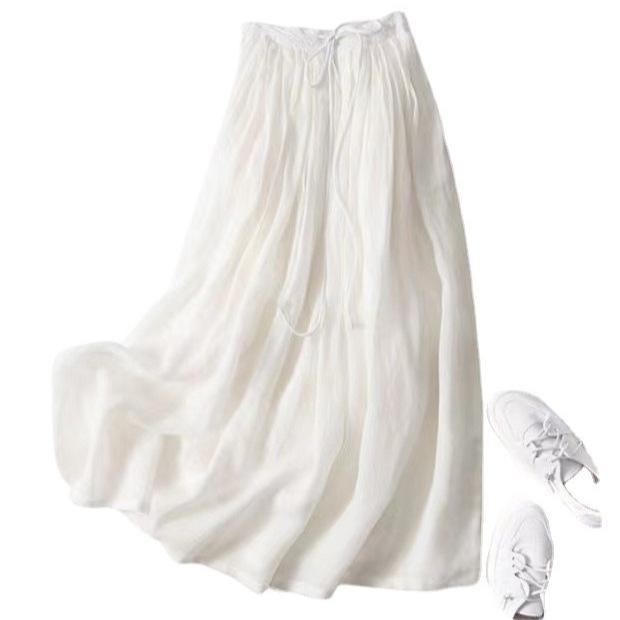 2023 Summer Japanese & Korean Loose Flowy Linen Midi Skirt with Elastic Waist