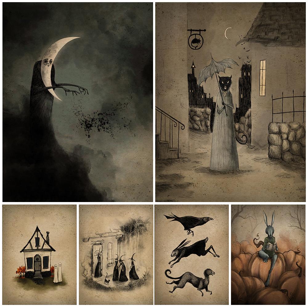 

Собрание волшебников и дом призраков Винтажное настенное искусство Картина маслом Дом ведьм и Черная кошка Винтажный плакат
