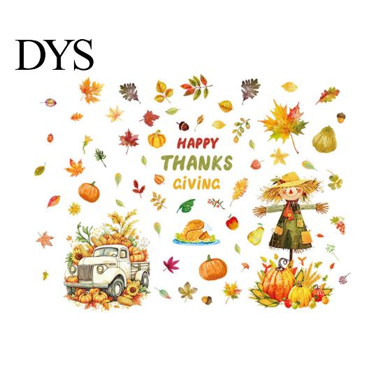 Holiday Party Supplies 4 Sheets Autumn Harvest Static Window Stickers, Maple Leaves Pumpkins Scarecrow Pickup Truck Reusable Glass Stickers