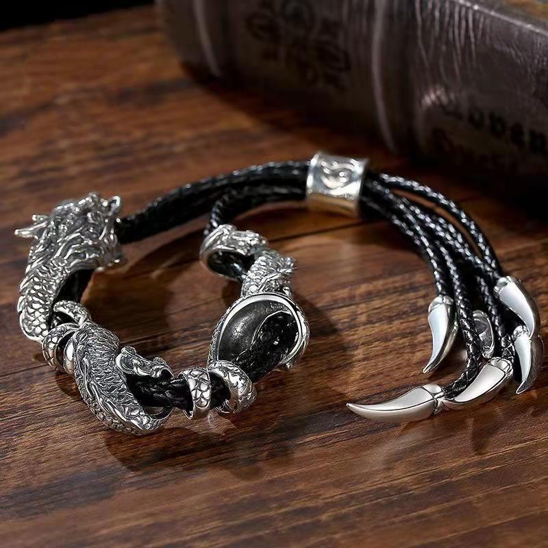 Handgefertigtes Herren Armband aus personalisiertem Sterlingsilber mit Drachen-Tierkreiszeichen - Trendiger Vintage-Schmuck