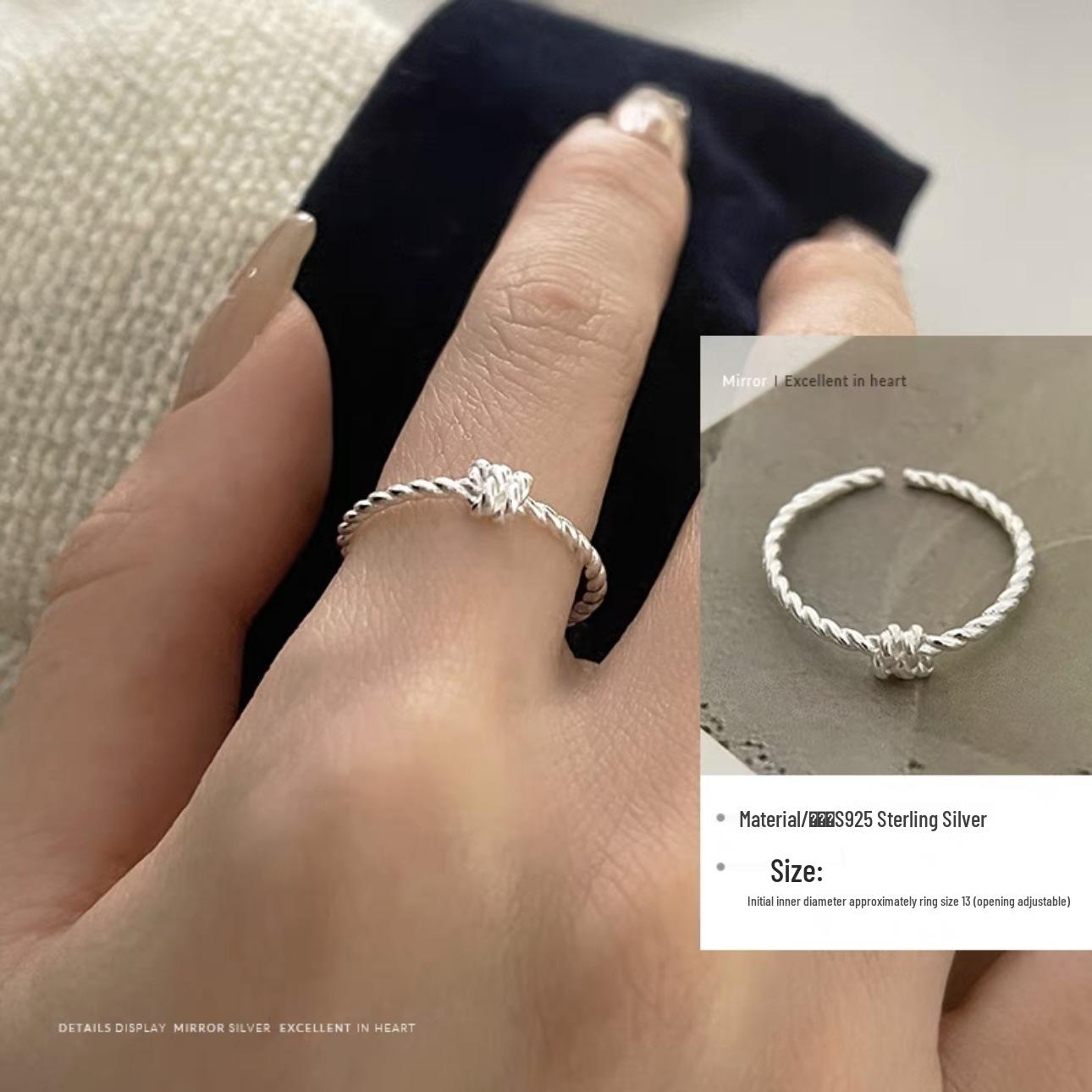 S925 Sterling Silver Twisted Open Ring: Women s Niche Design, Japanese Korean Style, Knotted Plain Cold Band. Adjustable Open серебряный