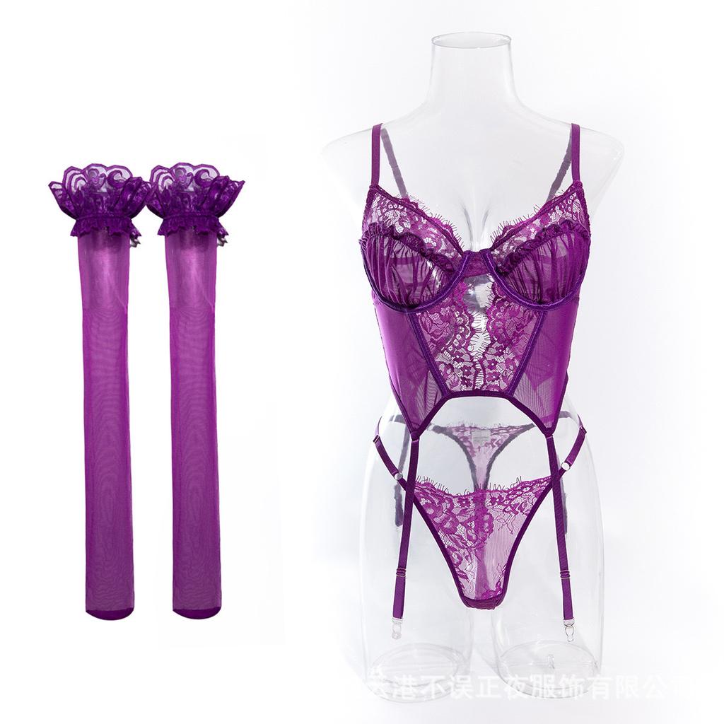 True Night Sex Underwear Sexy Purple Suspender Steel Rim Vest Uniform Lace Splicing Small Breast Temptation Set