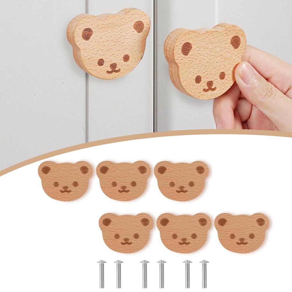 6pc Wooden Bear Knobs – Cute Animal Pull Handles For Cabinets & Drawers For Furniture Decorative Animal Drawer Knobs