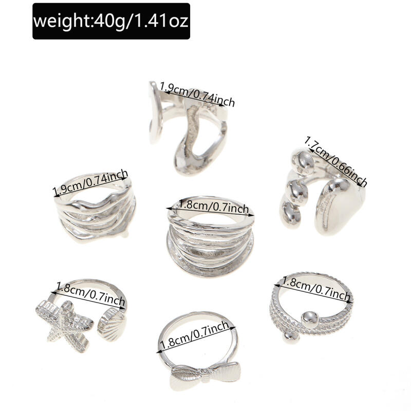 7Pcs/Set Geometric Bow Knot Starfish Rings for Women Men Personalized Punk Lava Finger Joint Rings Set Party Jewelry Accessories
