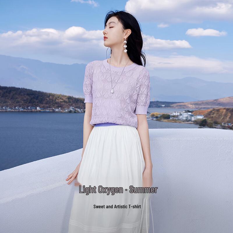 Xiangying Damen Lila Lochstrick Kurzarm Top