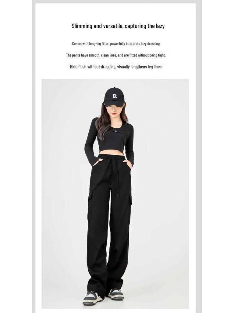 Damen Hochwertige Lässige Cargohose: Herbst/Winter-Stil, mit Plüschfutter, lockere Passform, gerades Bein, mehrere Taschen, Kordelzug, Polyester.