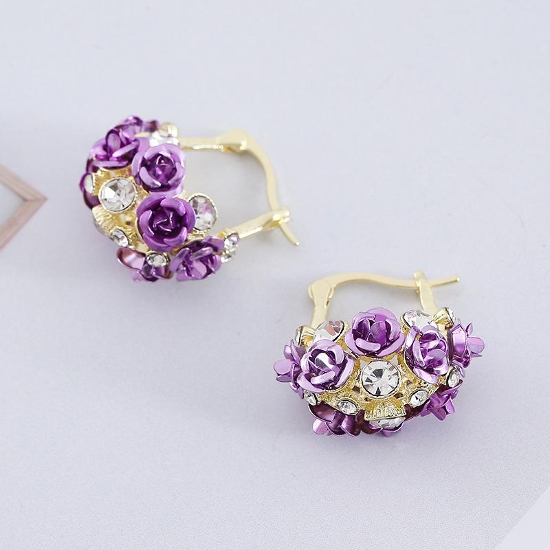 Red Rose U-shaped Ear Cuff with Purple Rose Flower Earrings - Luxury Brocade Basket Design
