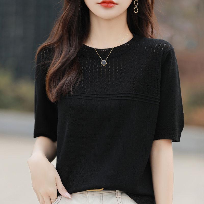 Women's Clothing Ice Silk Short Sleeve Women's Sweater T-shirt Women's Round Neck Thin Korean Style