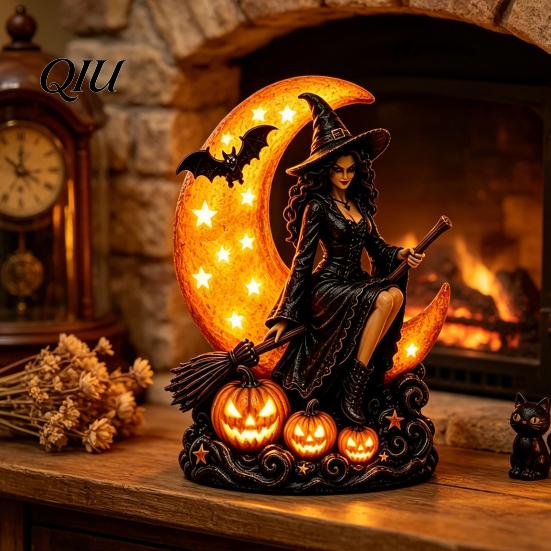 Detailed Fantasy Figurines Halloween Witch on Crescent Moon Decorative Light, Gothic Spooky Shelf Accents Lamp, Resin Figurine for Home Tabletop