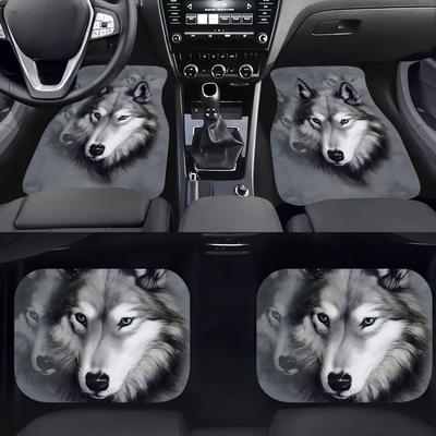 Tapis de sol pour voiture 2 pièces/4 pièces Impression Loup - Fibre de Polyester, Antidérapants, Protection de sol pour véhicule toutes saisons