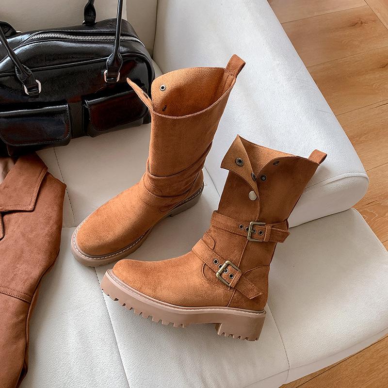 Autumn and winter Maillard retro Martin boots women's fashion versatile thick-soled two wear piled boots medium tube thin boots women