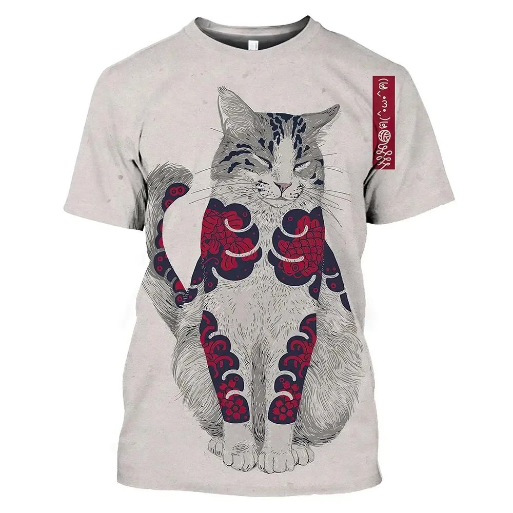 New Vintage T Shirt Men Japanese Style Short Sleeve Tops 3D Cat Tattoo Print O-neck T-shirts Oversized Tee Shirt Men Clothing