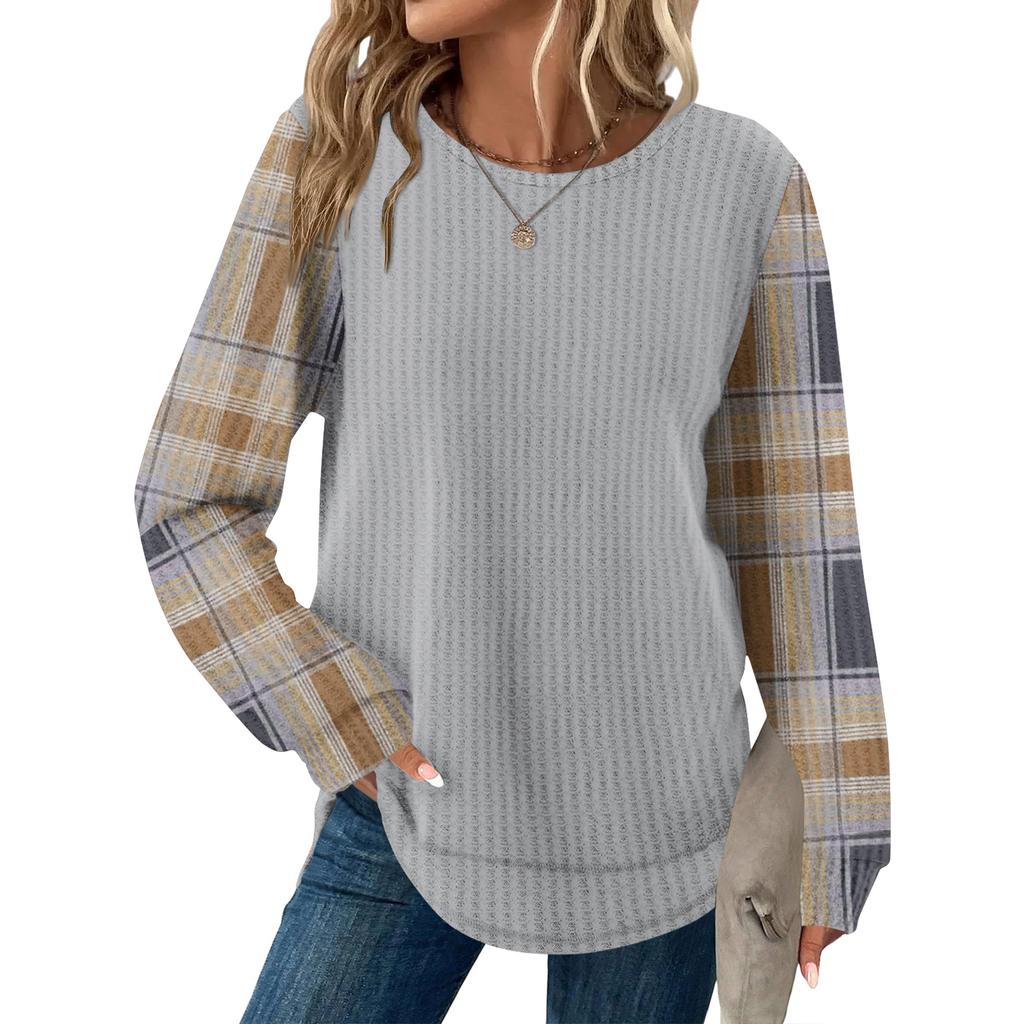 Women's Plaid Print Round Neck Long Sleeve Casual Loose Top