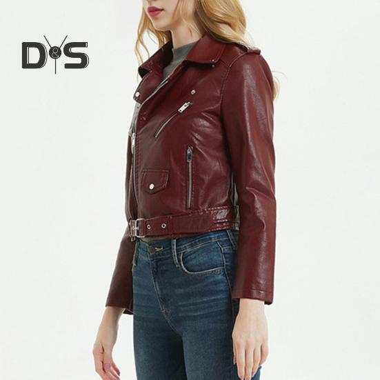 Women Jacket Faux Leather Smooth Surface Turn-down Collar Zip-up Zipper And Rivet Decor Long Sleeves Motorcycle Coat Travel Outerwear