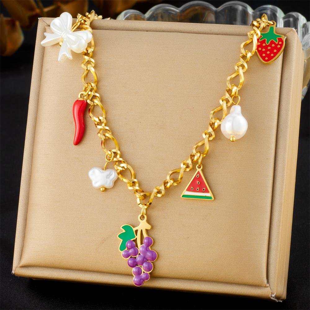 DIEYURO 316L Stainless Steell Cherry Strawberry Fruit Series Necklace For Women Lady New Fashion Neck Chain Jewelry Party Gift