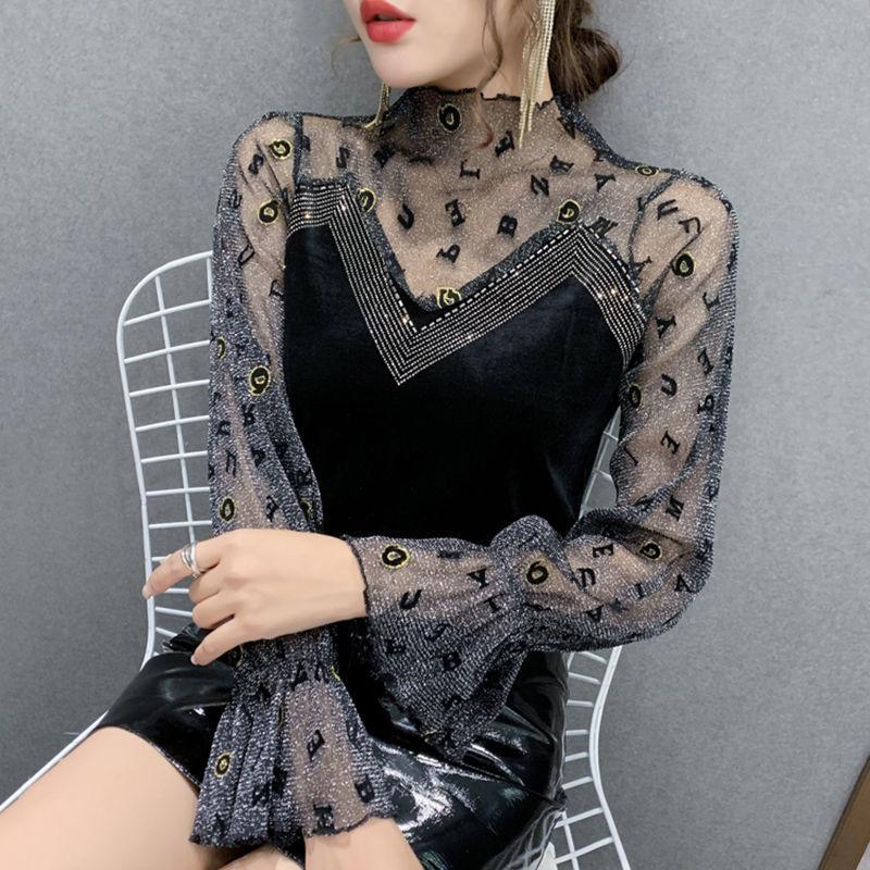 

Новый сетчатый женский весенне-осенний топ с кружевом и стразами, модный, приталенный, универсальный, сексуальный, с длинным рукавом L бежевый