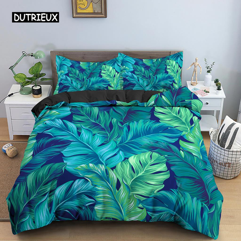 Tropical Palm Leaf Duvet Cover Colorful Leaves Comforter Cover Set Rain Forest Jungle Plant Bed Covers For Women Men Kids Teens