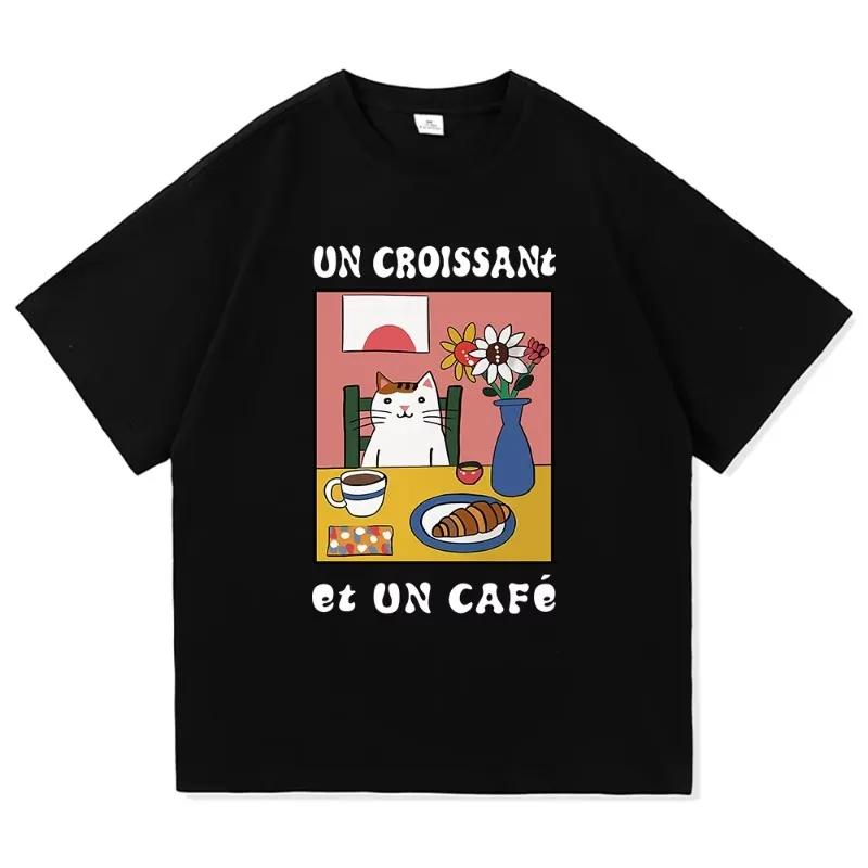 

French Cafe Cat T Shirt Fashion Women Summer Funny Letter Un Croissant Et Un Cafe Tshirt High Quality Casual Cotton Tees Shir... S разноцветный
