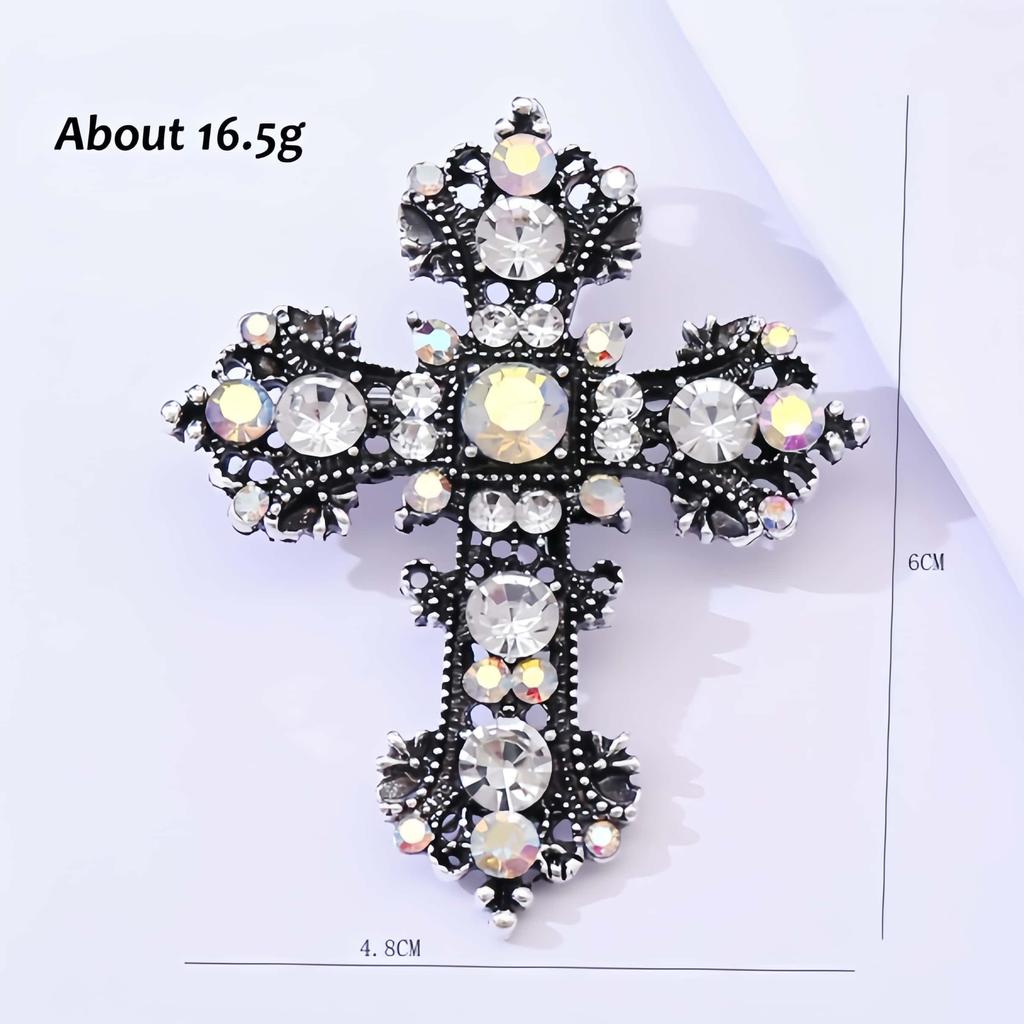 Luxury Gothic Rhinestone Cross Brooch for Women Fashion Statement Crystal Corsage Trendy Clothing Pin Jewelry