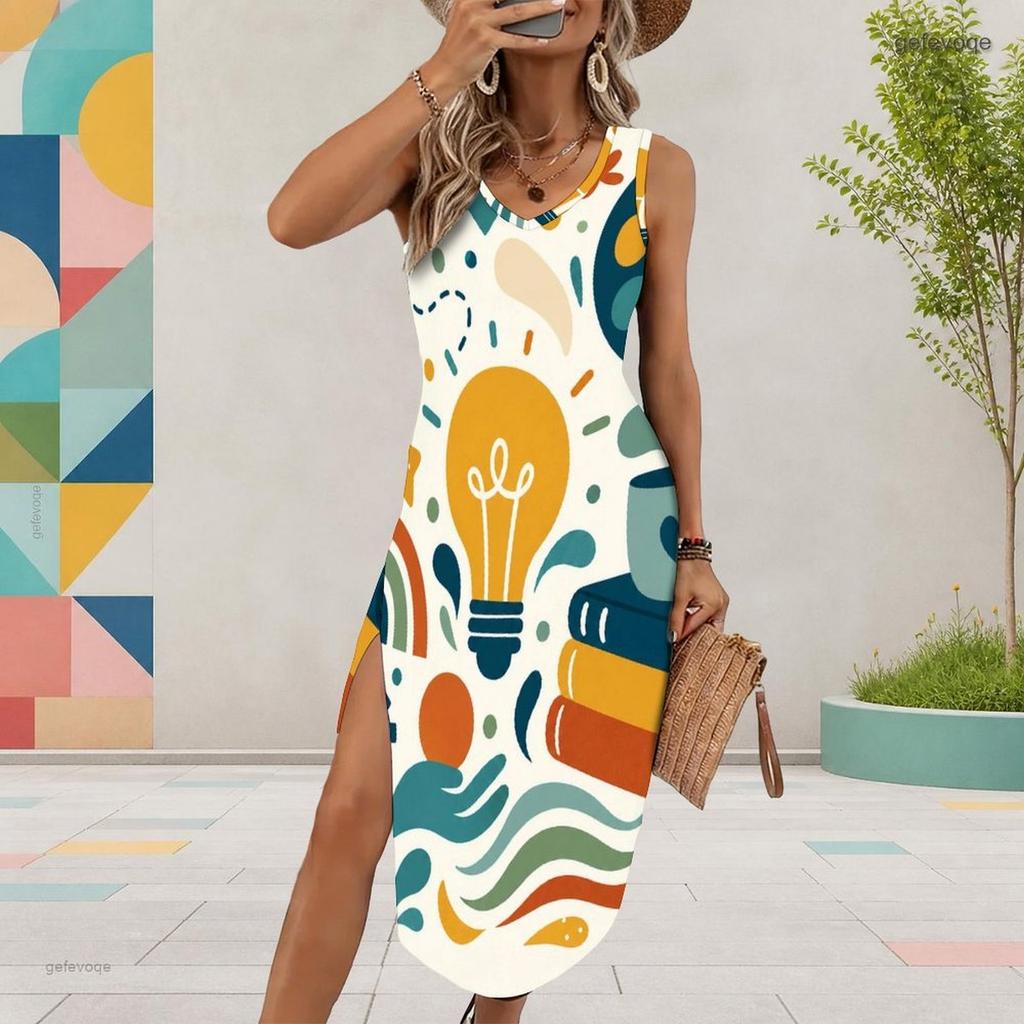 Women Plus Size U Neck Sleeveless Printed Long Tank Dress High Side Slit Curved Hem