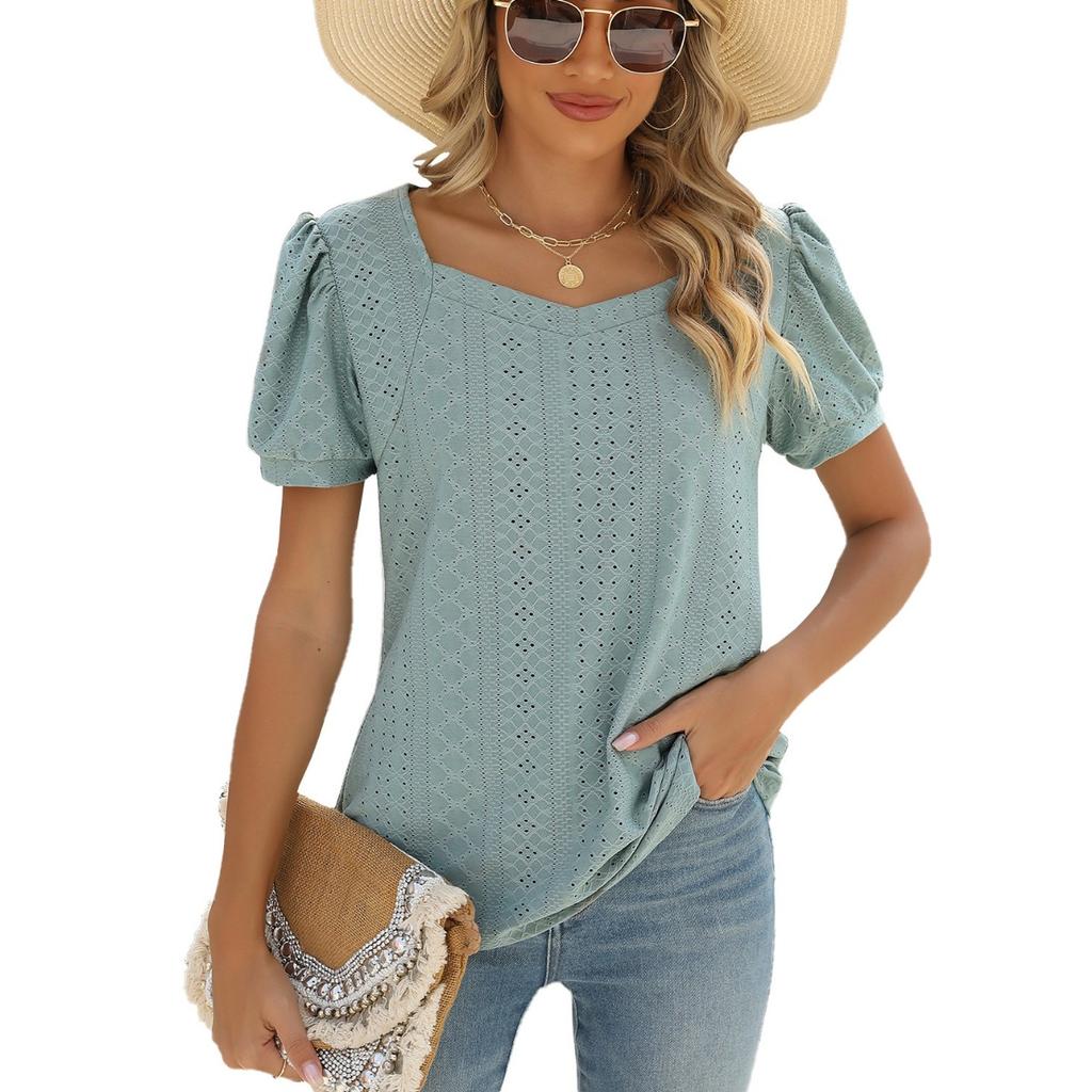 Spring Summer New Women's Solid Color Square Neck Puff Short Sleeve T-shirt Loose Casual Top For European American Cross-border
