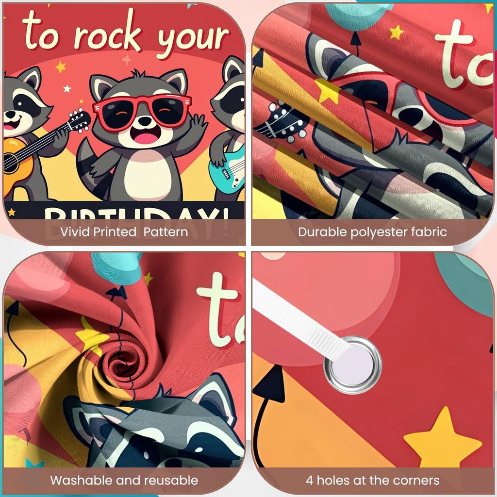 Rock N Roll Banner Lively Theme Animal Birthday Decor Raccoon Birthday Banner Star Decoration Music Event Banner For Kids
