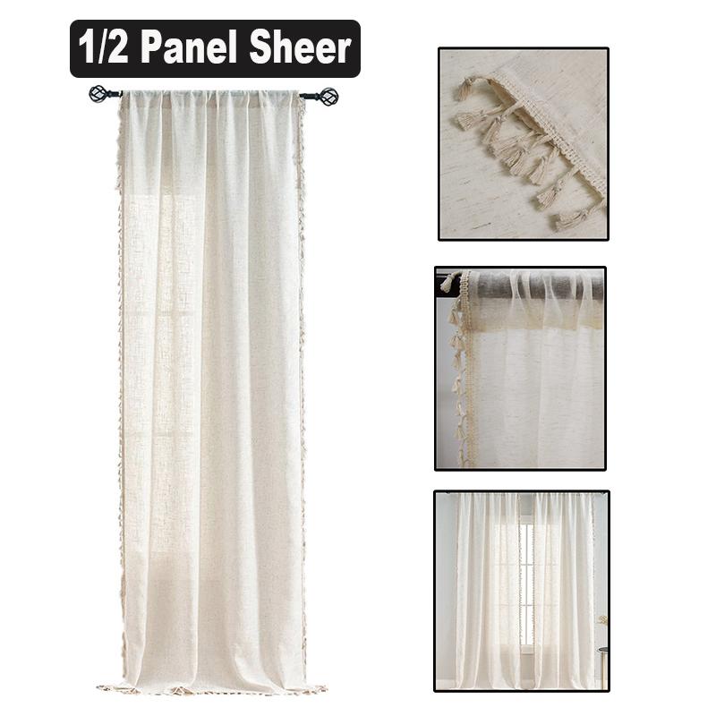Tassel Sheer Curtains Living Room Vintage Cream Voile Net Slot Top Window Drapes